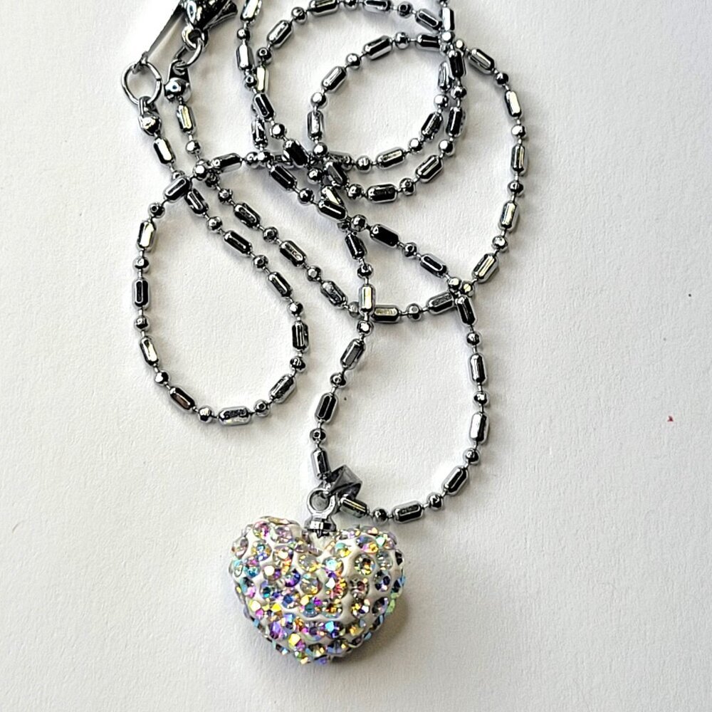Kids or Teens White Aurora Borealis Hued Heart Pendant On18K Silver Necklace